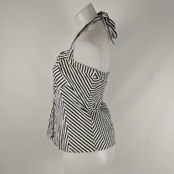 Queenspark Top Size 18 Black White Stripe Tie-up Halterneck Buttons Zip-up Back - Picture 3 of 9
